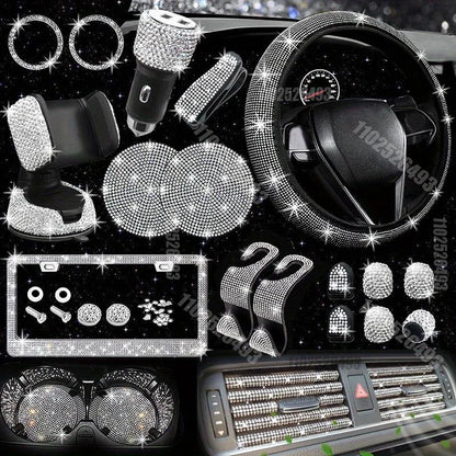 27-Piece Bling Car Accessories Set – Steering Cover, License Frame & More