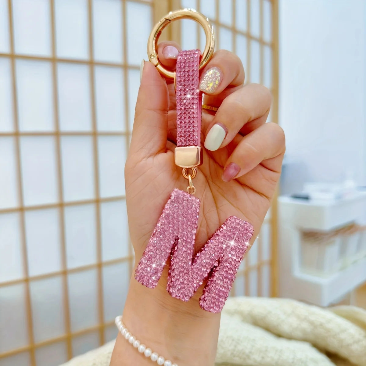 Pink Rhinestone Letter Keychain (Gold Edges)