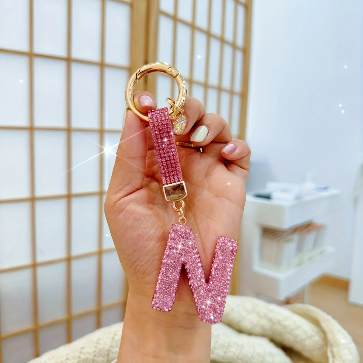 Pink Rhinestone Letter Keychain (Gold Edges)