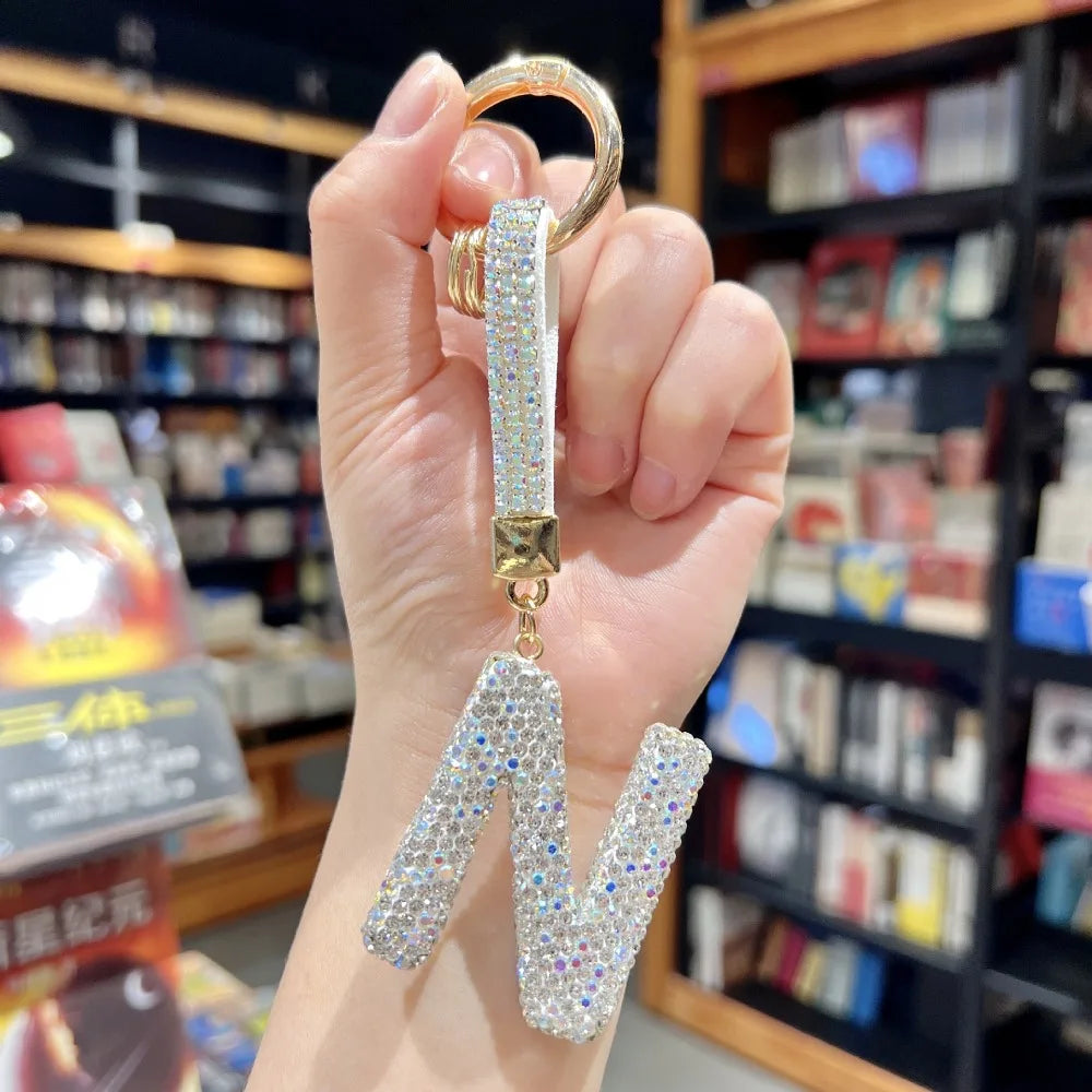 White Rhinestone Letter Keychain (Gold Edges)