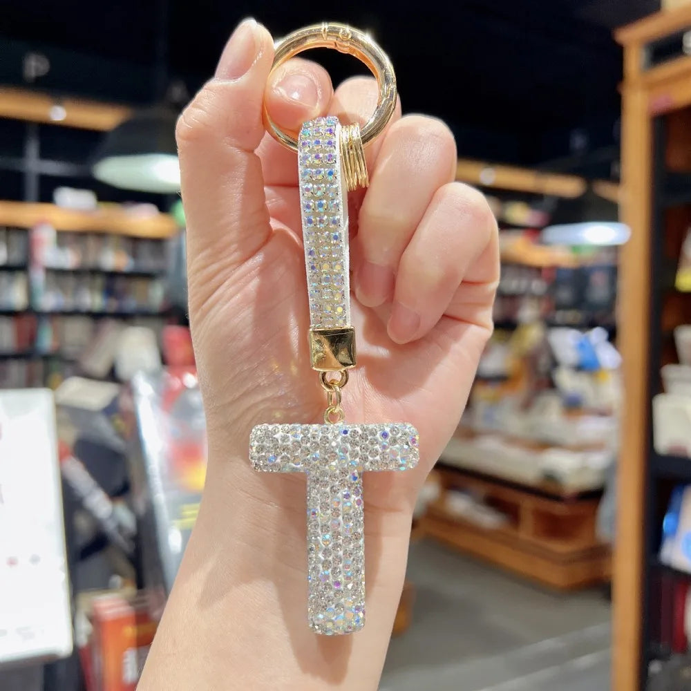 White Rhinestone Letter Keychain (Gold Edges)