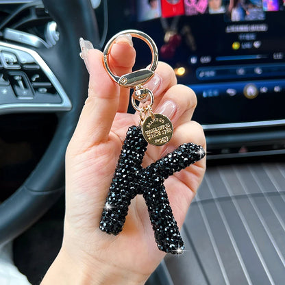 Black Rhinestone Letter Keychain (Gold Edges)