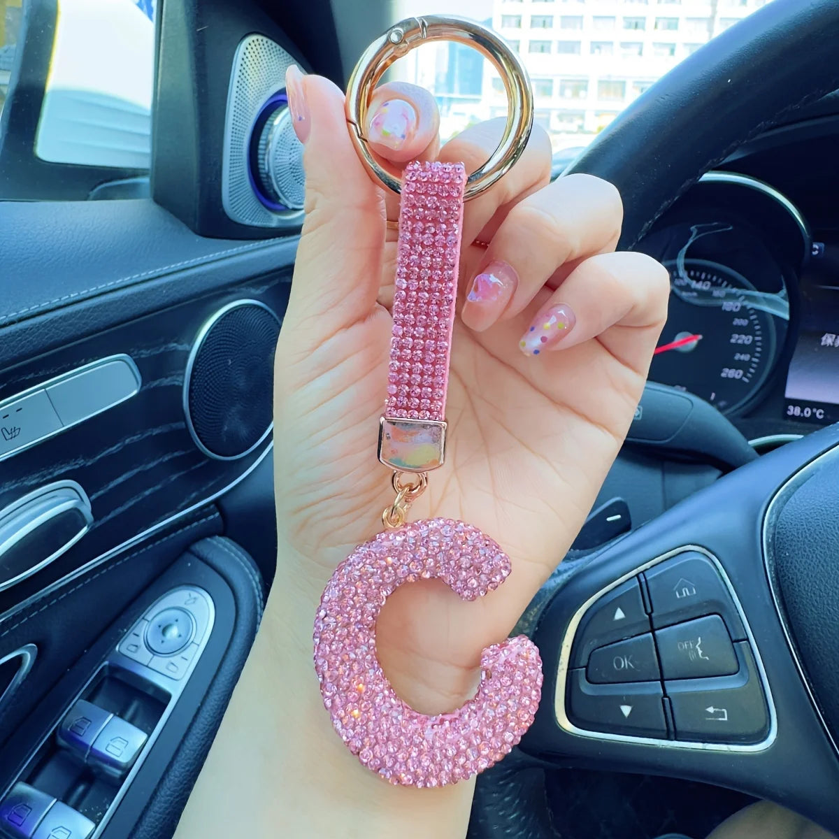 Pink Rhinestone Letter Keychain (Gold Edges)