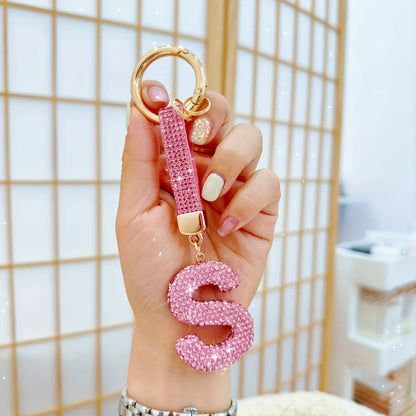 Pink Rhinestone Letter Keychain (Gold Edges)