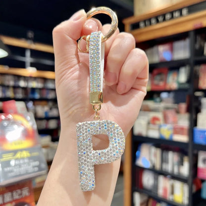 White Rhinestone Letter Keychain (Gold Edges)