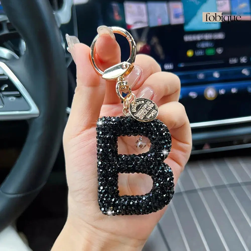 Black Rhinestone Letter Keychain (Gold Edges) Fobique