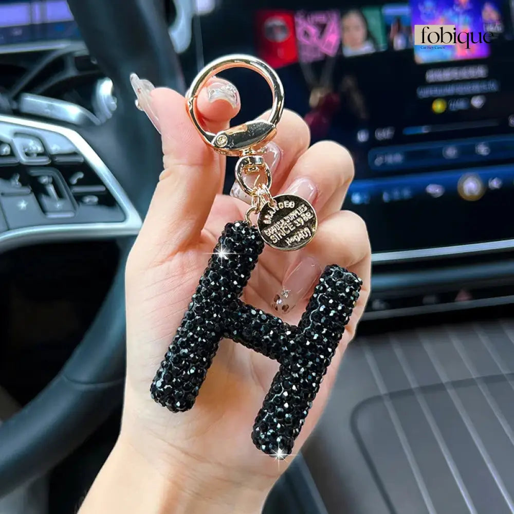 Black Rhinestone Letter Keychain (Gold Edges) Fobique