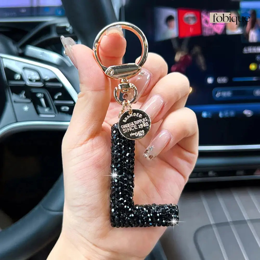 Black Rhinestone Letter Keychain (Gold Edges) Fobique