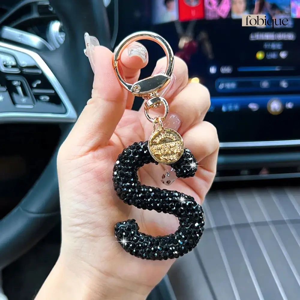 Black Rhinestone Letter Keychain (Gold Edges) Fobique