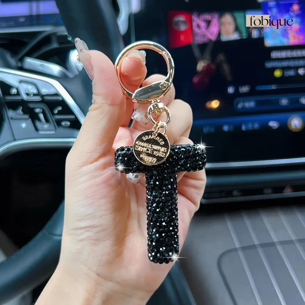 Black Rhinestone Letter Keychain (Gold Edges) Fobique