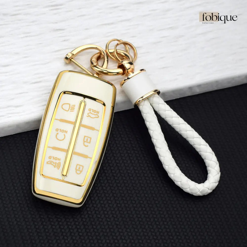 Classic Collection | Car Key Cover Compatible with Genesis G70 G80 G90 & More | 6‑Button Smart Key White