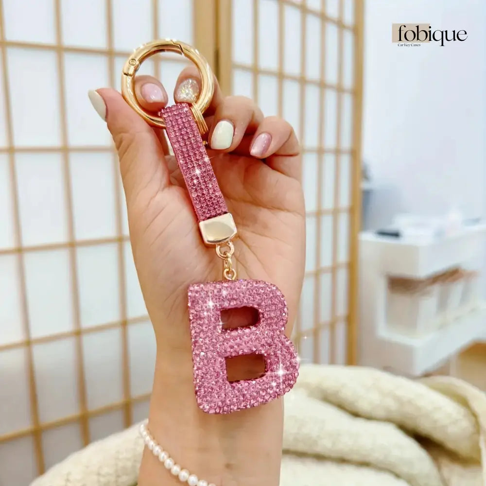 Pink Rhinestone Letter Keychain (Gold Edges) Fobique