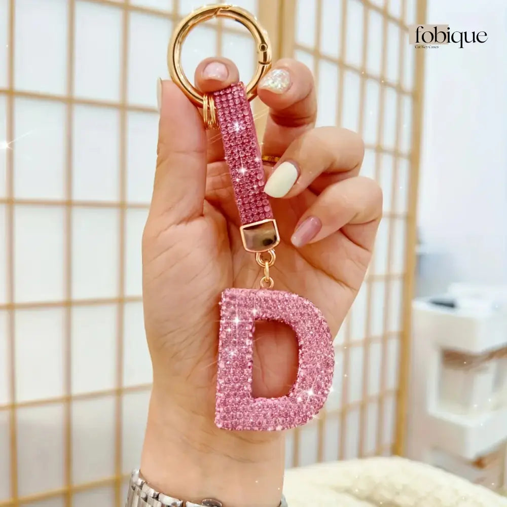 Pink Rhinestone Letter Keychain (Gold Edges) Fobique
