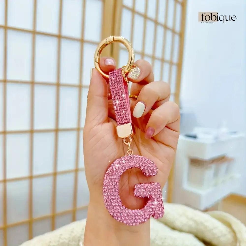 Pink Rhinestone Letter Keychain (Gold Edges) Fobique