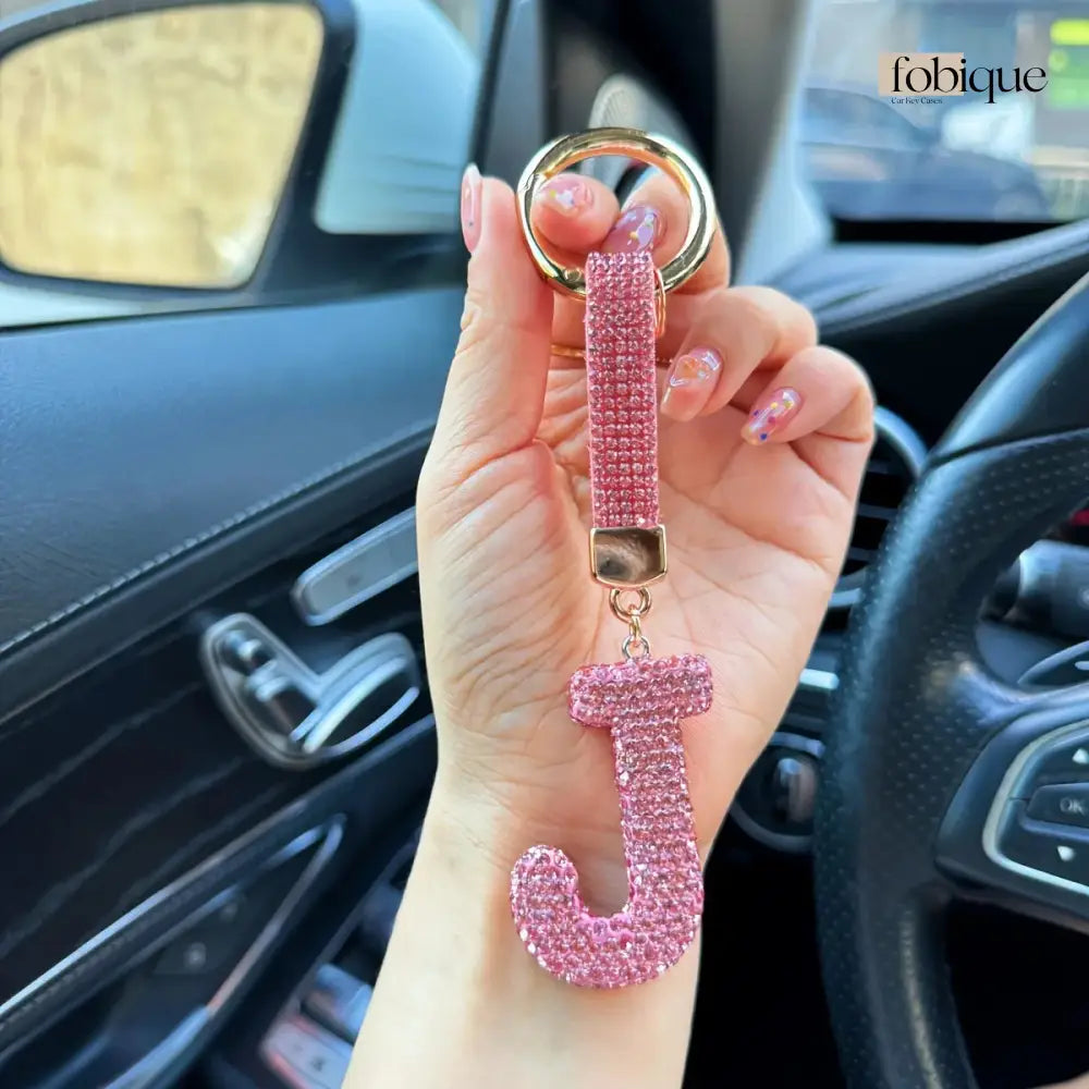 Pink Rhinestone Letter Keychain (Gold Edges) Fobique
