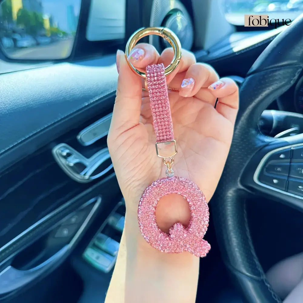 Pink Rhinestone Letter Keychain (Gold Edges) Fobique
