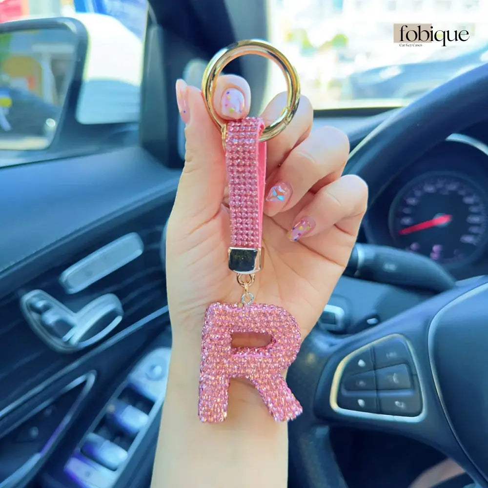 Pink Rhinestone Letter Keychain (Gold Edges) Fobique