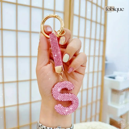 Pink Rhinestone Letter Keychain (Gold Edges) Fobique