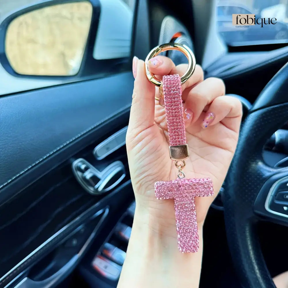 Pink Rhinestone Letter Keychain (Gold Edges) Fobique