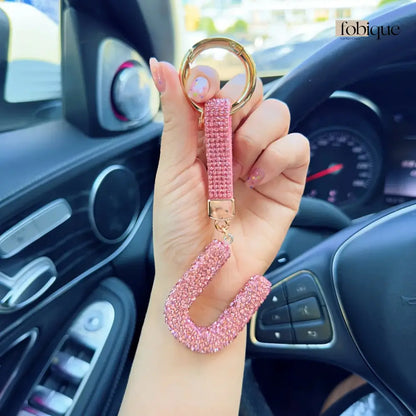 Pink Rhinestone Letter Keychain (Gold Edges) Fobique