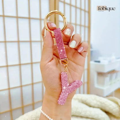 Pink Rhinestone Letter Keychain (Gold Edges) Fobique