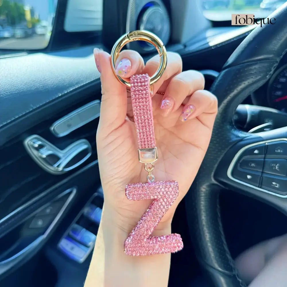 Pink Rhinestone Letter Keychain (Gold Edges) Fobique