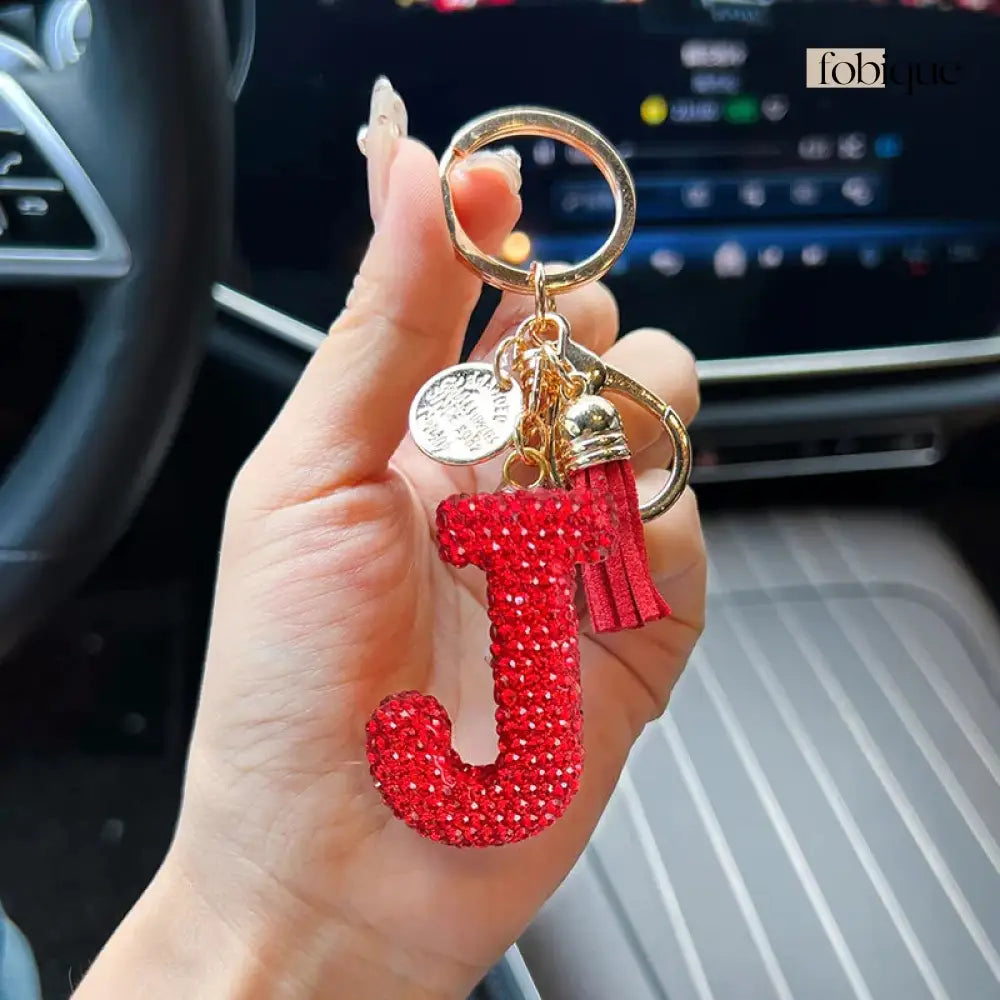 Red Rhinestone Letter Keychain (Gold Edges) Fobique