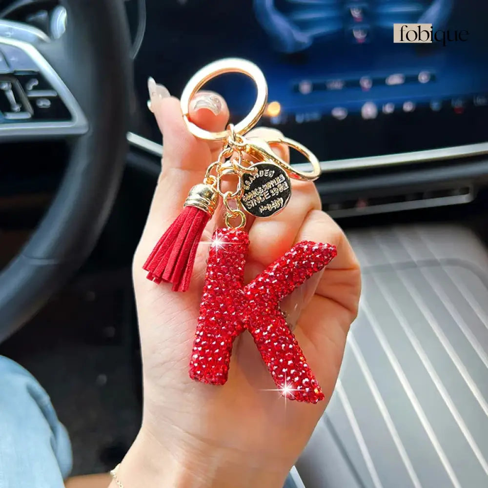 Red Rhinestone Letter Keychain (Gold Edges) Fobique
