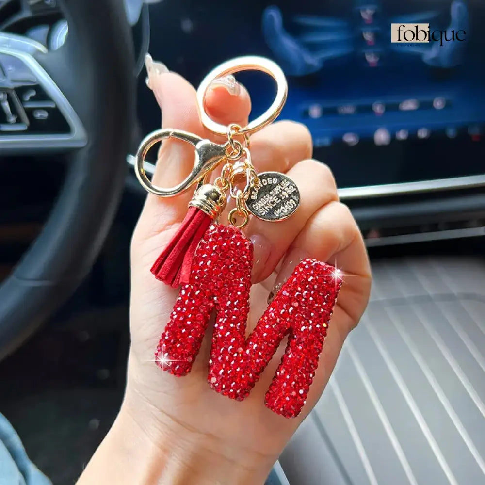 Red Rhinestone Letter Keychain (Gold Edges) Fobique