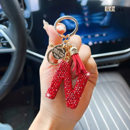 Red Rhinestone Letter Keychain (Gold Edges) Fobique