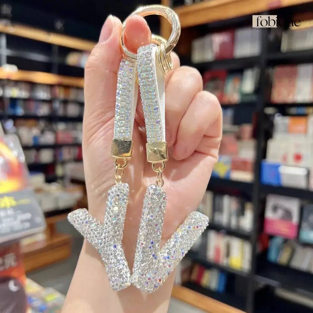 White Rhinestone Letter Keychain (Gold Edges) Fobique