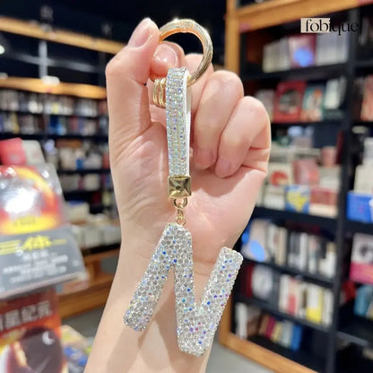 White Rhinestone Letter Keychain (Gold Edges) Fobique