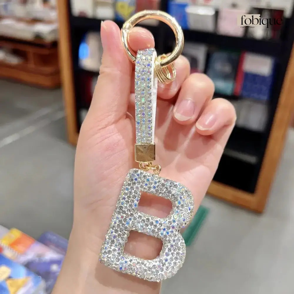White Rhinestone Letter Keychain (Gold Edges) Fobique
