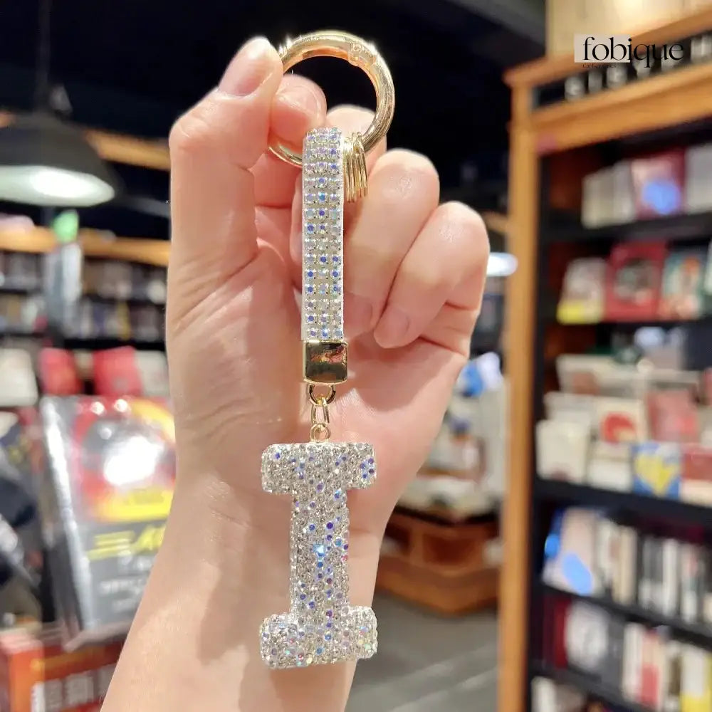 White Rhinestone Letter Keychain (Gold Edges) Fobique