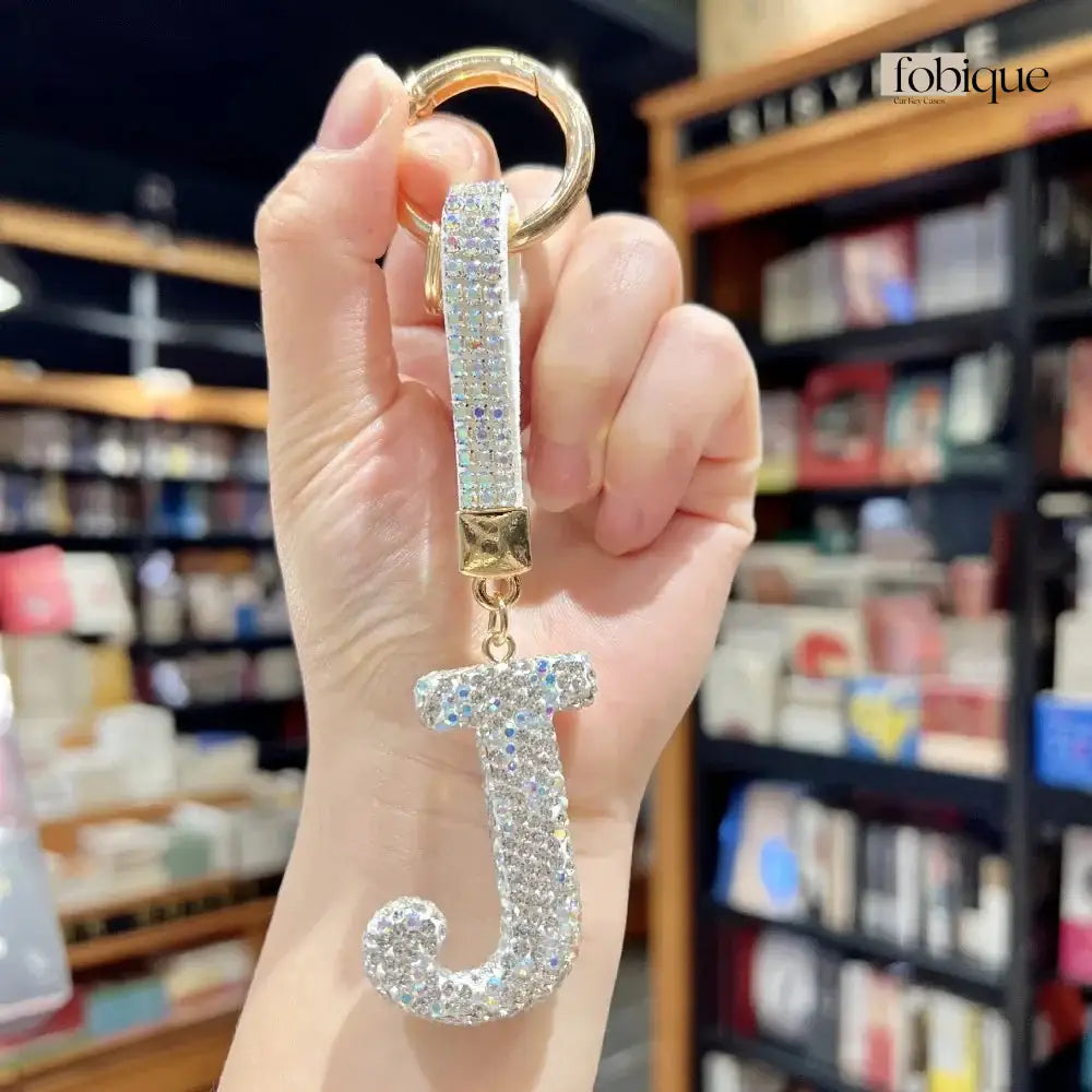 White Rhinestone Letter Keychain (Gold Edges) Fobique