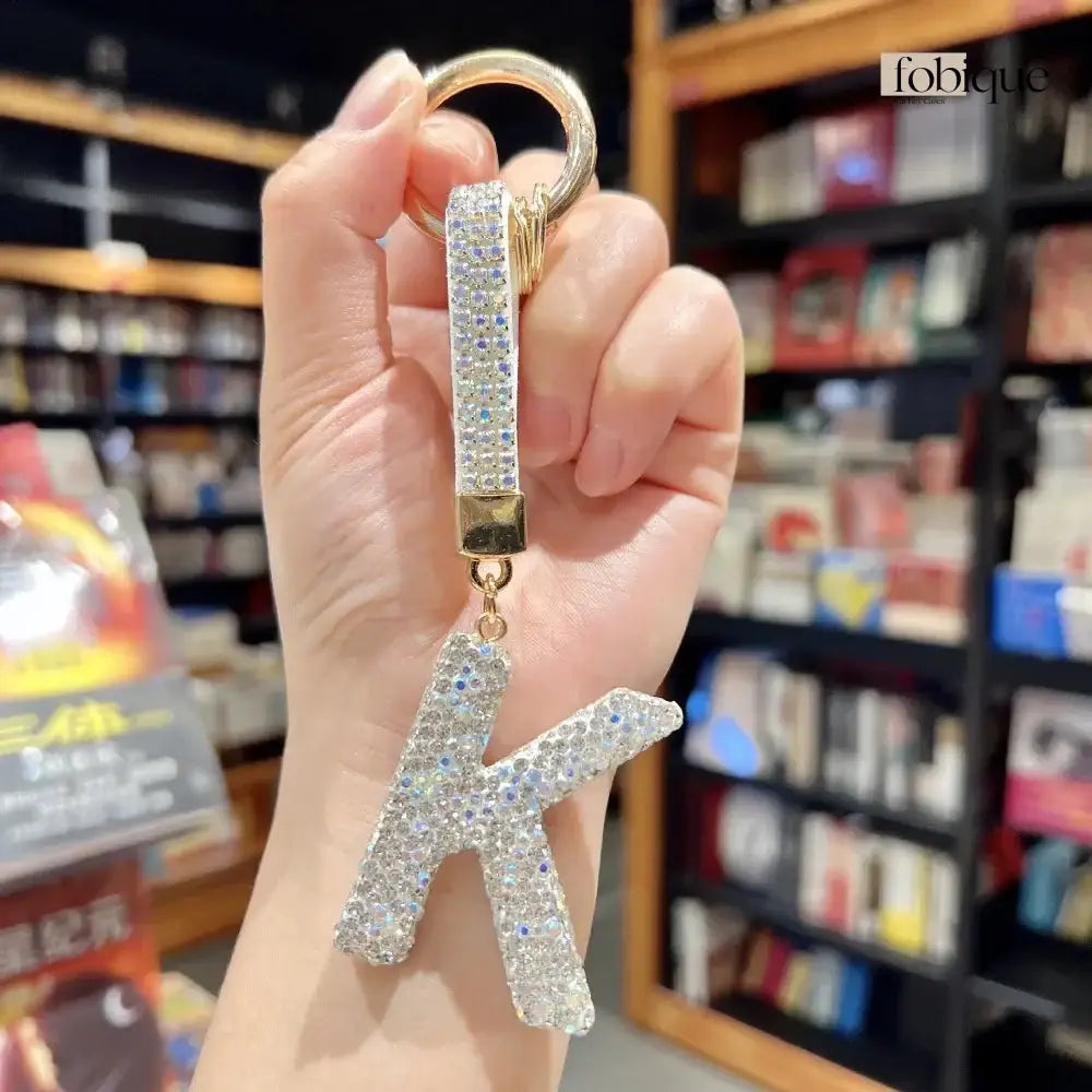 White Rhinestone Letter Keychain (Gold Edges) Fobique