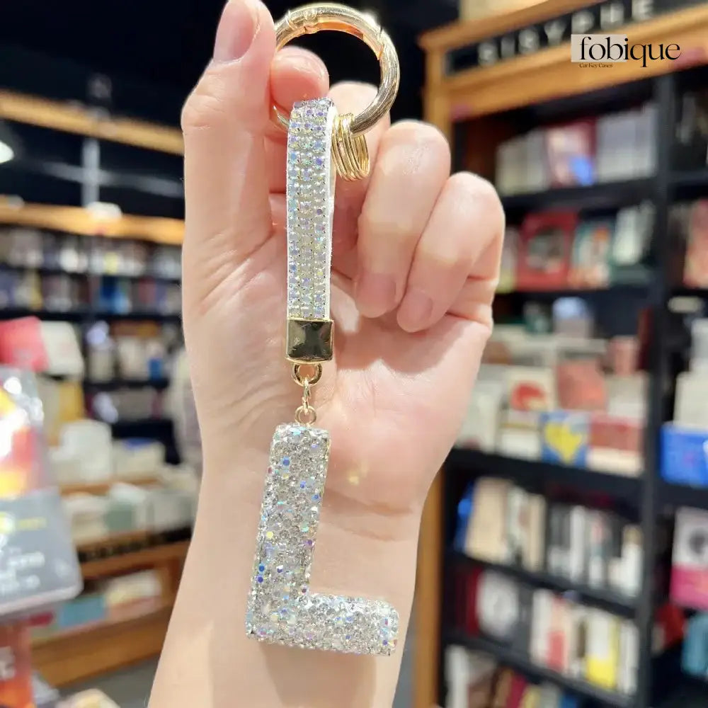 White Rhinestone Letter Keychain (Gold Edges) Fobique