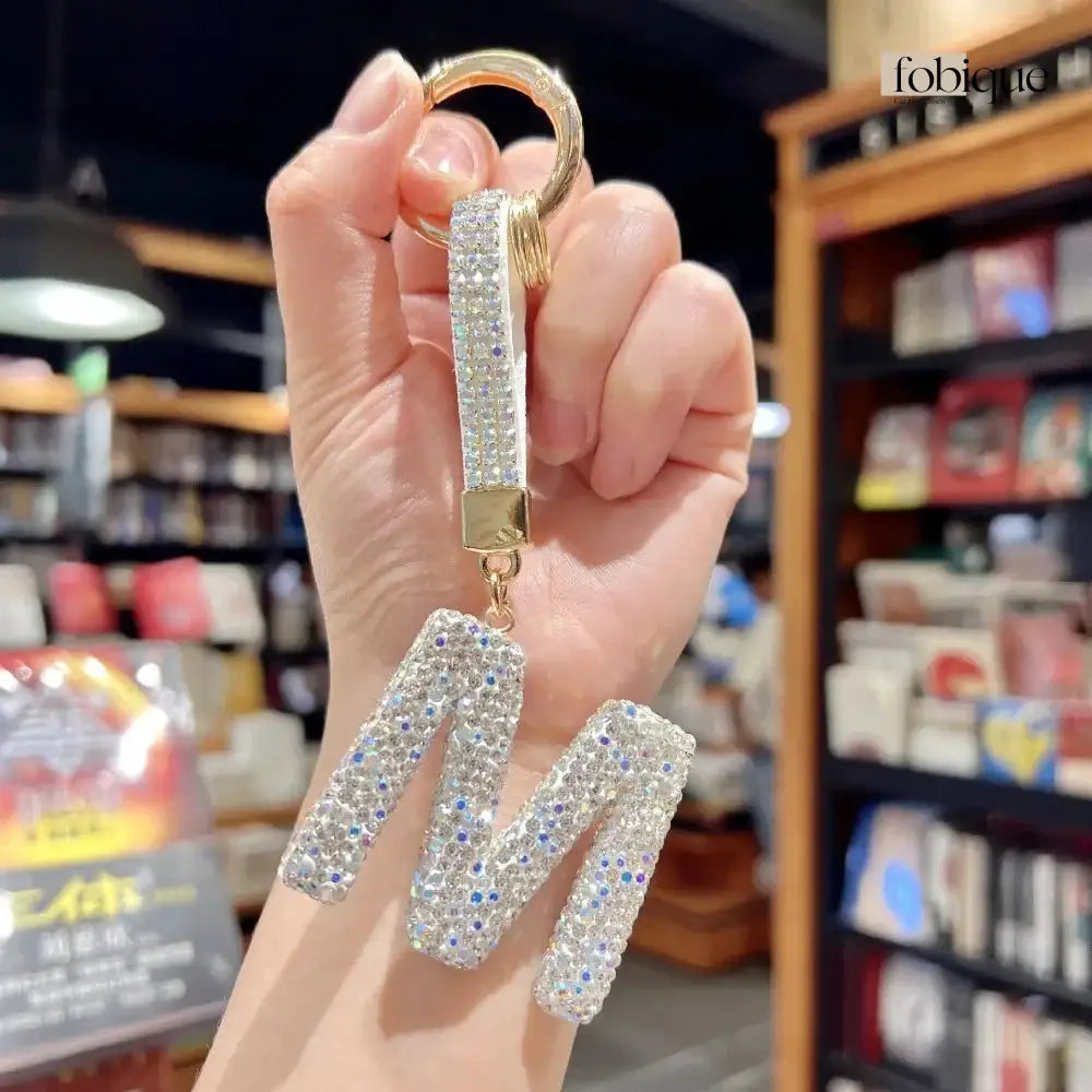 White Rhinestone Letter Keychain (Gold Edges) Fobique