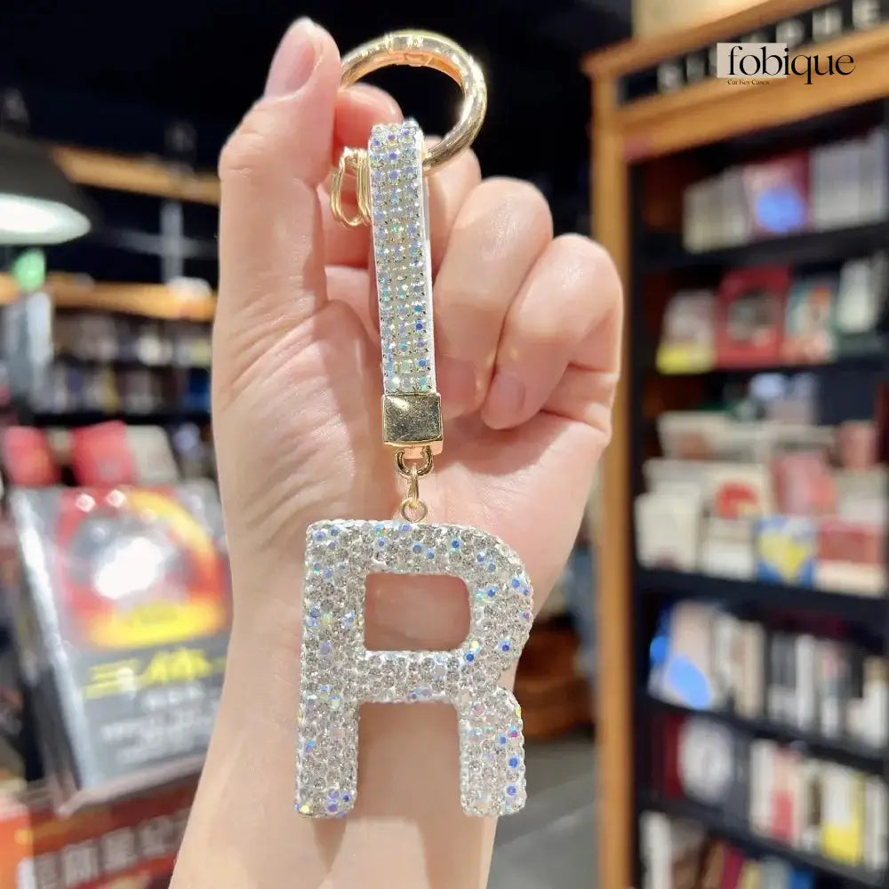 White Rhinestone Letter Keychain (Gold Edges) Fobique