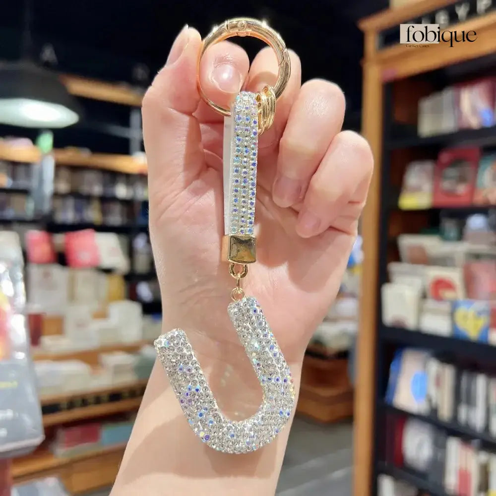 White Rhinestone Letter Keychain (Gold Edges) Fobique